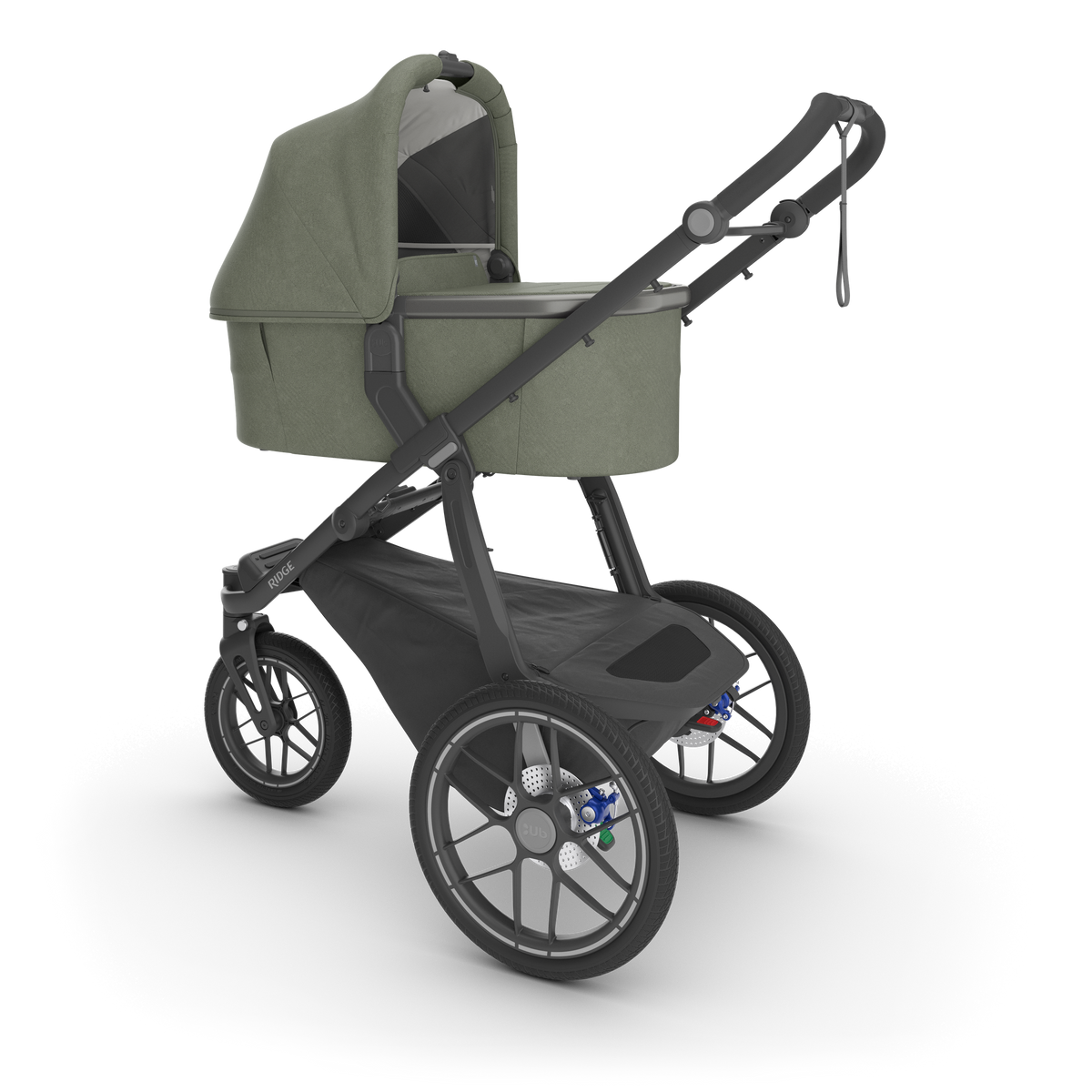 UPPAbaby Ridge V2 Pram Jogger in Evelyn (Meadow Green), with the Evelyn bassinet fitted