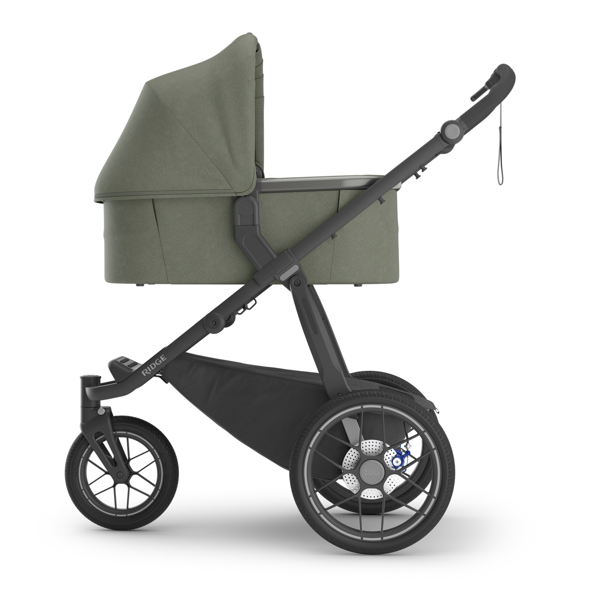 UPPAbaby Ridge V2 Pram Jogger in Evelyn (Meadow Green), side view with the bassinet