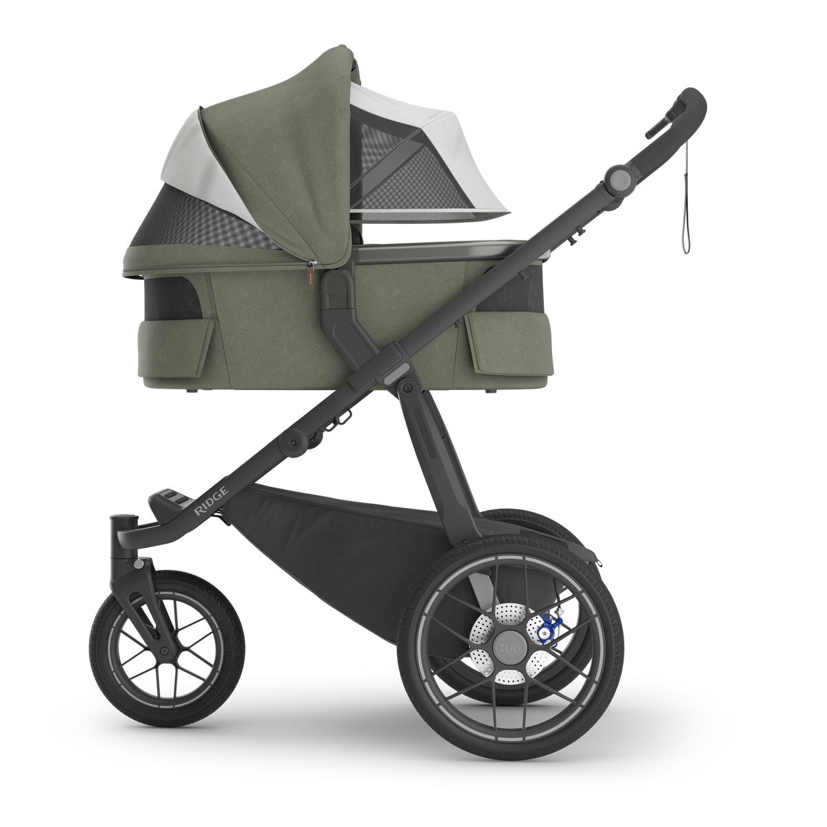 UPPAbaby Ridge V2 Pram Jogger in Evelyn (Meadow Green), side view with the bassinet, all vents open