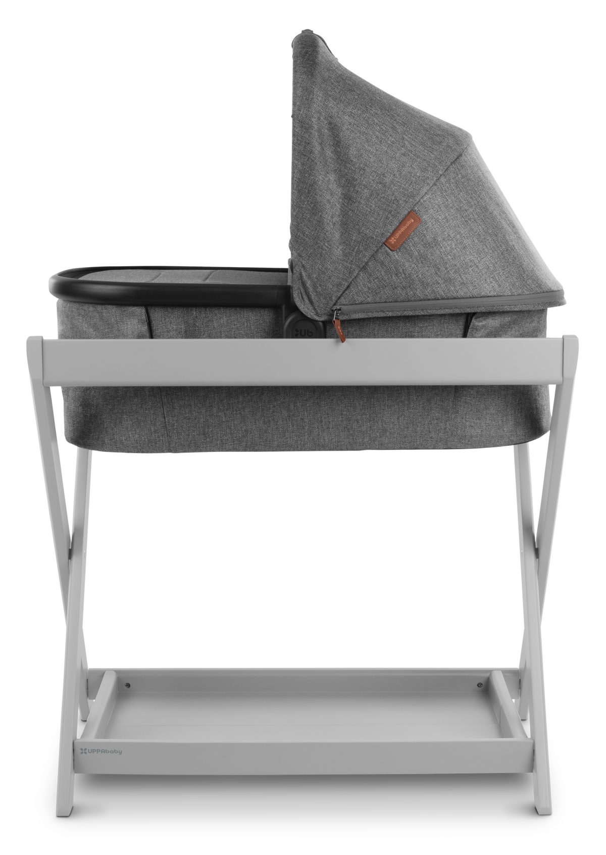 UPPAbaby V3 Bassinet - Greyson (Charcoal Melange / Black), on bassinet stand, side