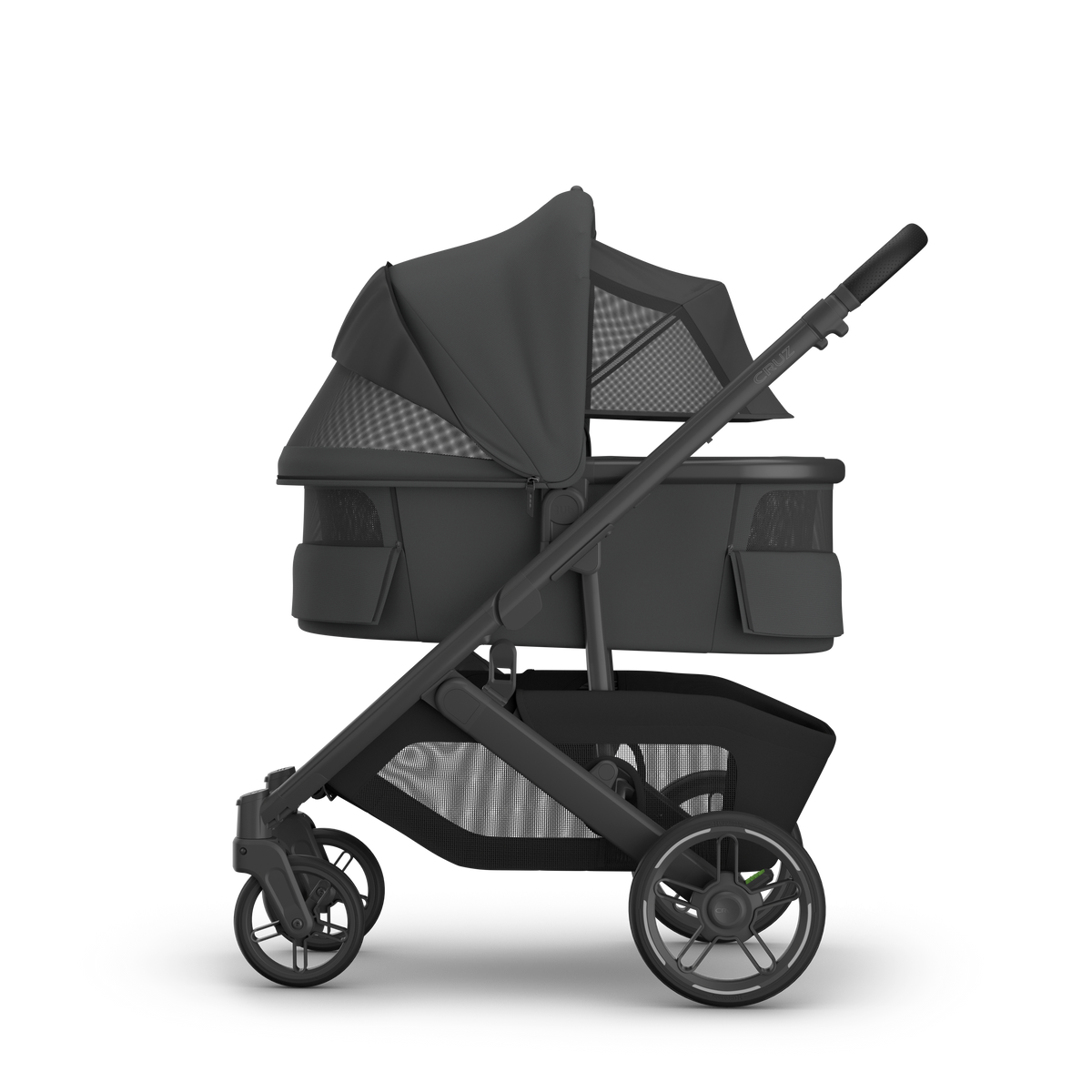 UPPAbaby V3 Bassinet - Jake (Charcoal / Carbon), on Cruz V3, side all vents open