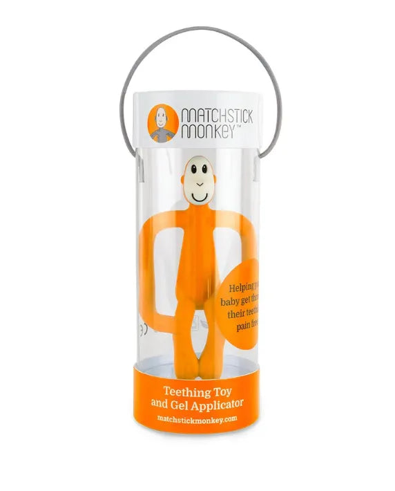 Matchstick Monkey Teething Toy and Gel Applicator - Orange baby teether for sore gums with textured bumps and easy-grip design