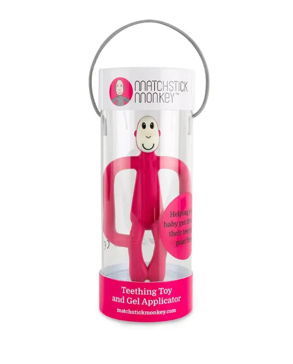 Matchstick Monkey Teething Toy and Gel Applicator - Red baby teether for sore gums with textured bumps and easy-grip design