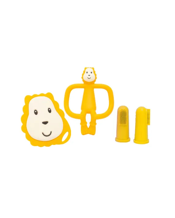 Matchstick Monkey Ludo Lion Teething Starter Set with teether, flat teether and silicone finger toothbrush for babies