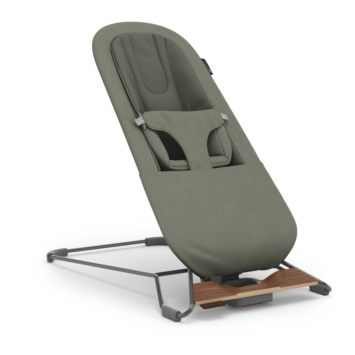 UPPAbaby Mira V2 3-in-1 Bouncer in Maddie (Green Soft Knit / Walnut), in Snuggle mode with the newborn insert