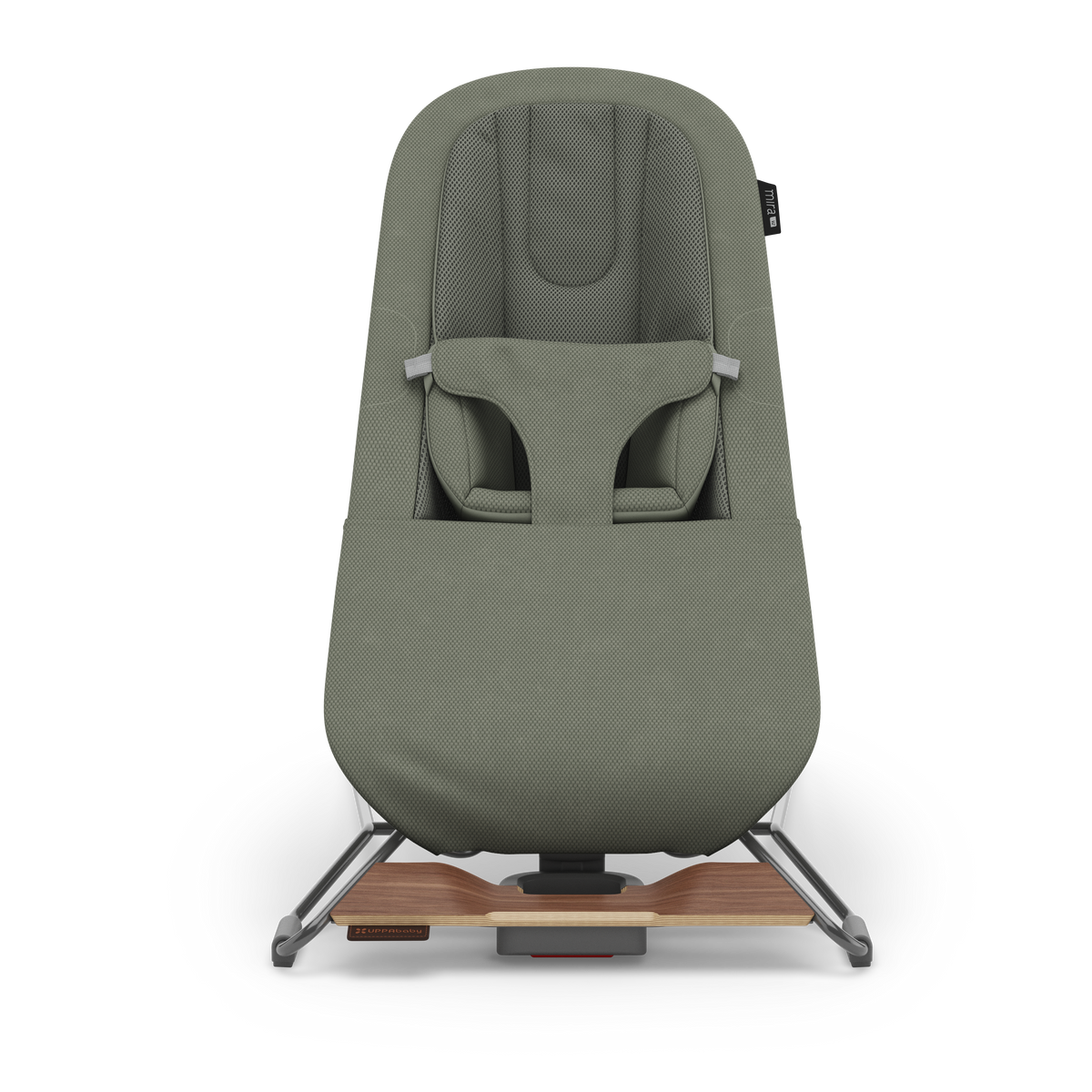 UPPAbaby Mira V2 3-in-1 Bouncer in Maddie (Green Soft Knit / Walnut), front view in Snuggle mode