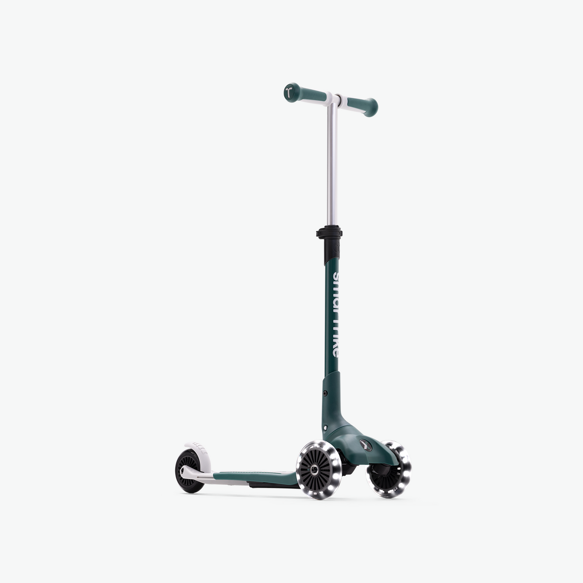 Green smarTrike Xtend Mini+ scooter with front view, compact design, and sturdy handlebar for kids' outdoor riding.