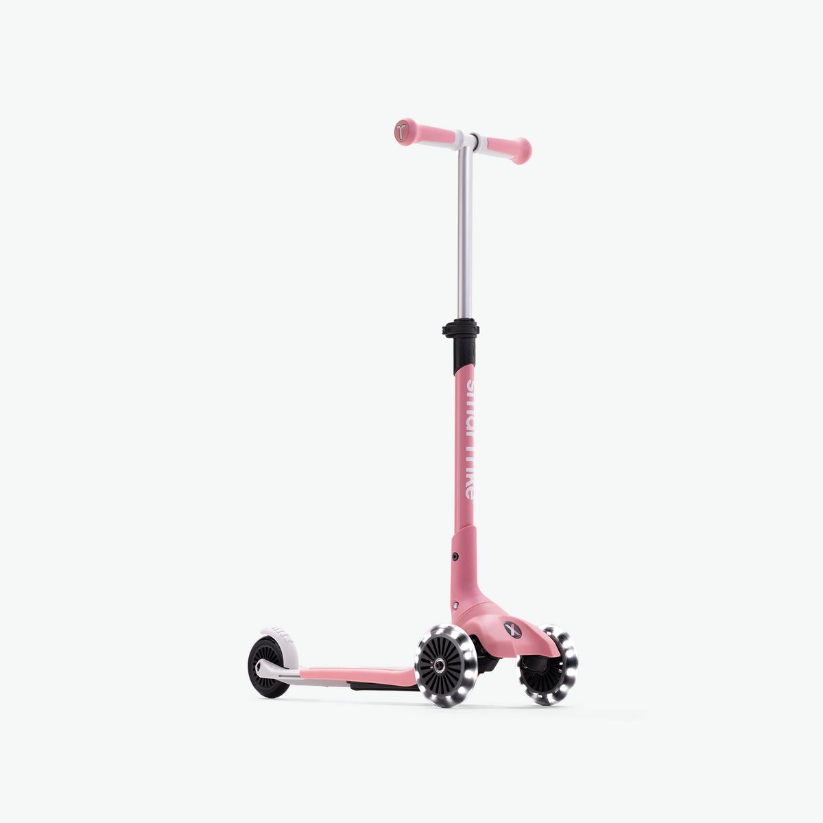 Pink smarTrike Xtend Mini+ scooter with front view, featuring a compact design and handlebars for young riders.