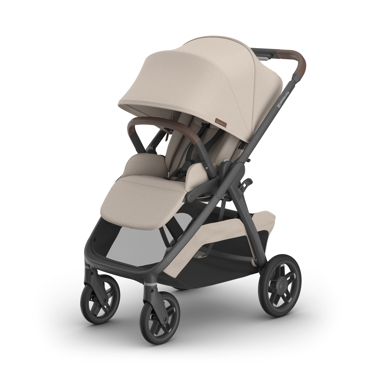 UPPAbaby Kona pram in Ada (sandstone melange), three-quarter view from the left with the sunshade extended