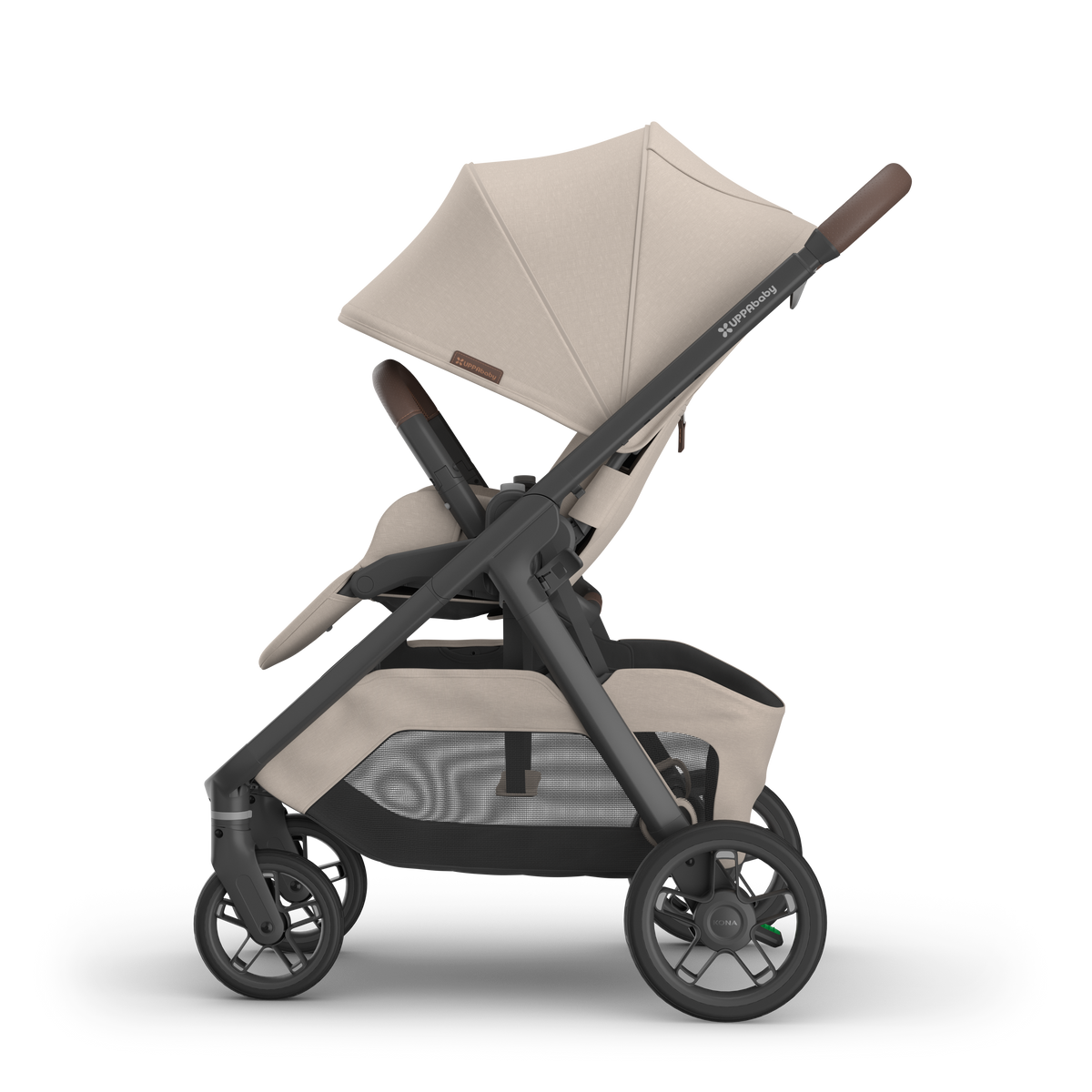 UPPAbaby Kona pram in Ada (sandstone melange), side view from the left with the sunshade extended