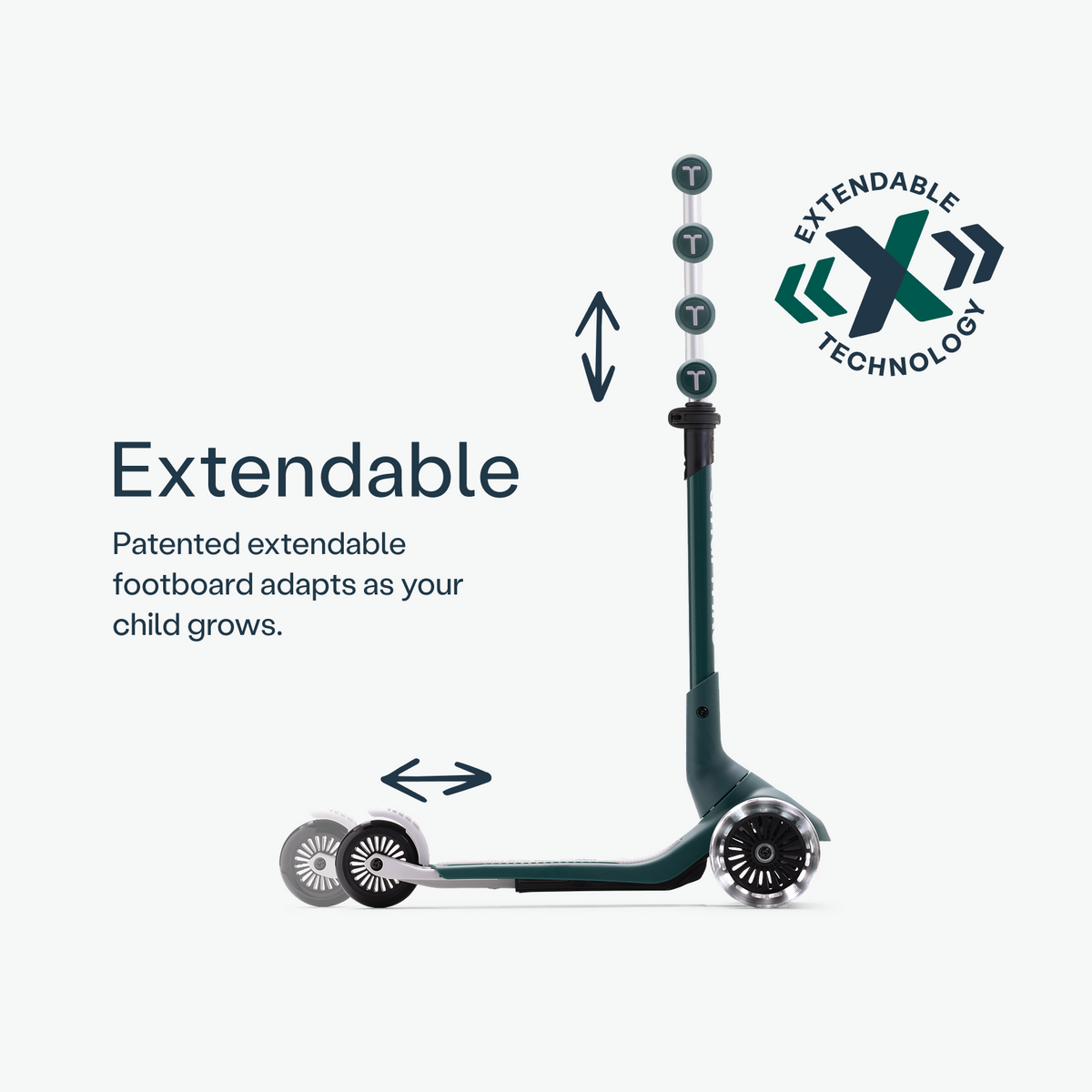 Green smarTrike Xtend Mini+ scooter with extendable handlebar and compact design for young children.