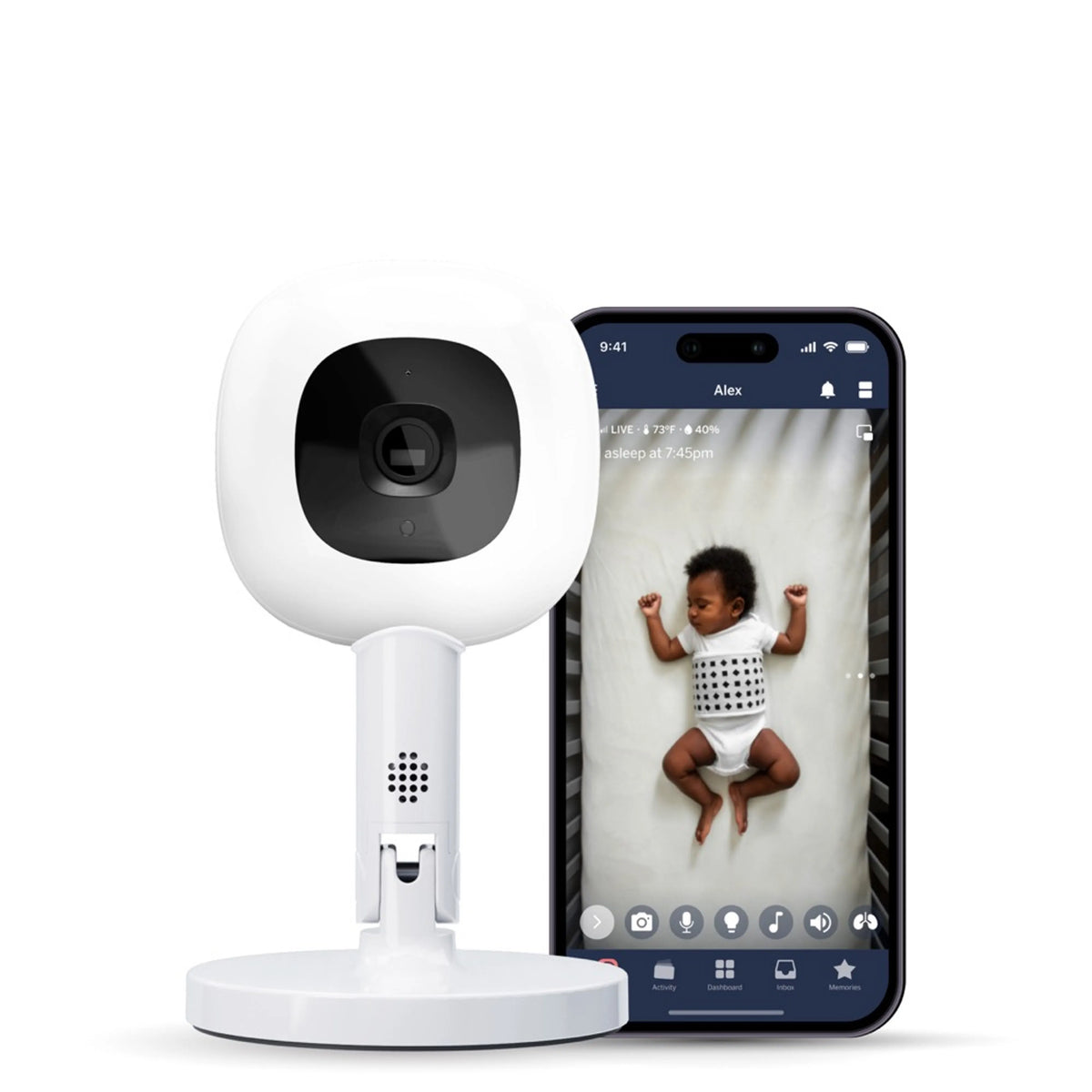 Nanit smart baby monitor with flexible stand for travel and multi-room use, showing adjustable stand and compact design