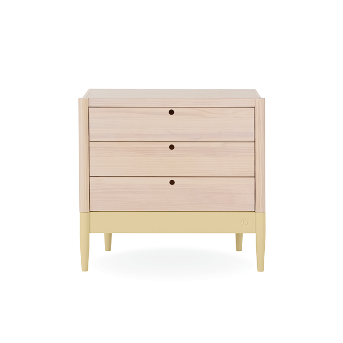 Gaia Baby Eos Dresser in natural wood finish with primrose yellow accents, featuring multiple drawers and modern design.