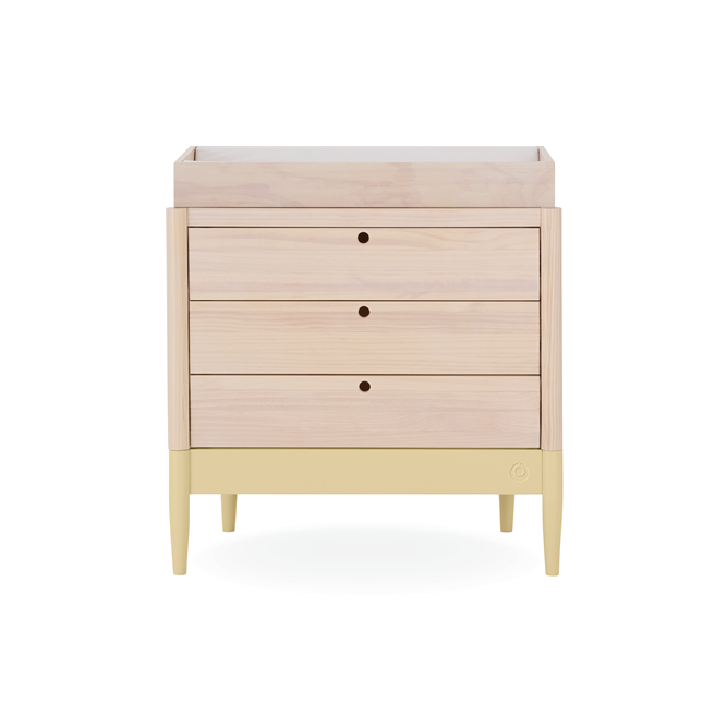 Gaia Baby Eos Dresser in natural wood finish with yellow accents, featuring multiple drawers and a modern, sturdy design.