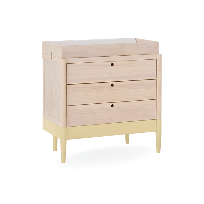 Gaia Baby Eos Dresser in natural finish with Primrose Yellow accents, featuring multiple drawers and sleek modern design.