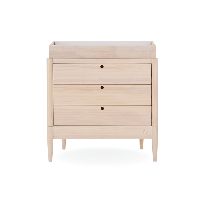 Gaia Baby Eos Dresser in natural wood finish with multiple drawers, modern design, and sleek handles for nursery storage.