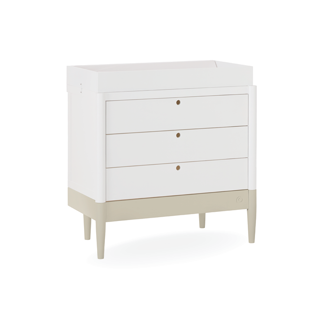 White Gaia Baby Eos Dresser with clean lines and ample storage, featuring a modern design in desert sage finish.