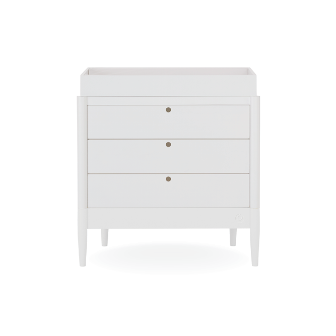 White Gaia Baby Eos Dresser with sleek drawers and modern design, shown with a white frame and clean lines.