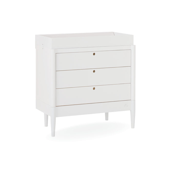 White Gaia Baby Eos dresser with sleek wood finish, featuring multiple drawers and modern design for nursery storage.