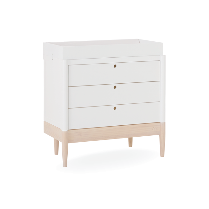 White Gaia Baby Eos Dresser with natural wood accents, featuring multiple drawers and modern design for nursery storage