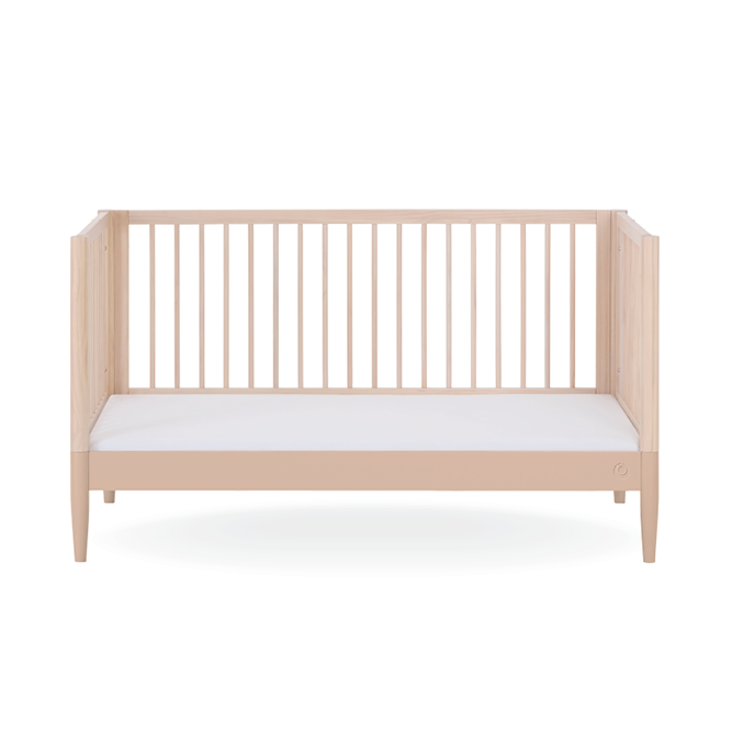 Gaia Baby Eos Cot Bed in natural ash with powder blush finish, showcasing a modern wooden baby cot with sleek design and natural wood grain.