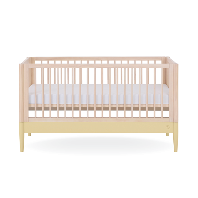 Gaia Baby Eos Cot Bed in natural ash with primrose yellow accents, featuring a sturdy wooden frame and classic design.
