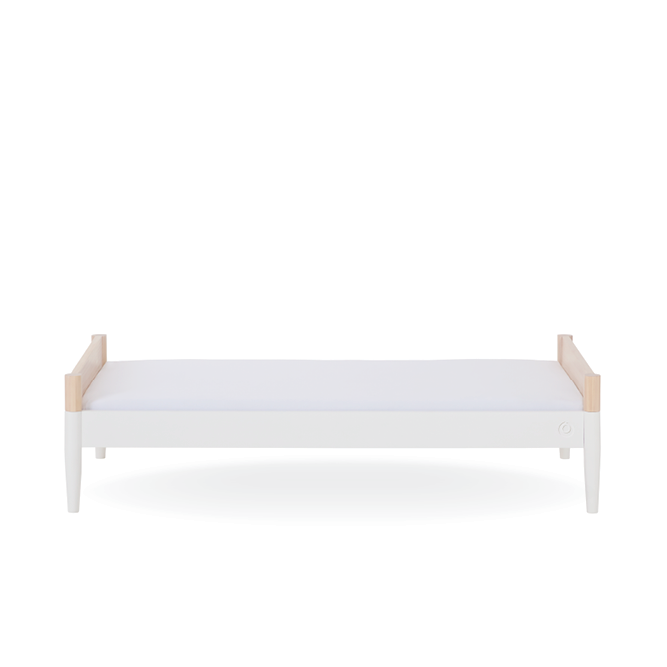 Gaia Baby Eos Cot Bed in natural ash finish with white accents, showcasing its sturdy wooden frame and modern design.
