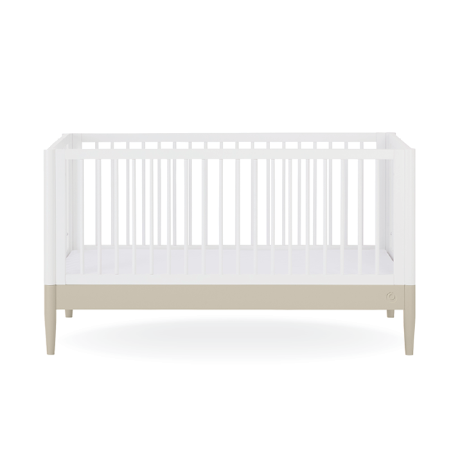 White Gaia Baby Eos Cot Bed with a sturdy frame, featuring a clean design suitable for a nursery or child's bedroom.