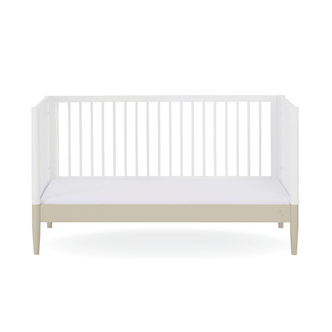 White Gaia Baby Eos Cot Bed with sleek design and sturdy frame, featuring a modern look suitable for a nursery.