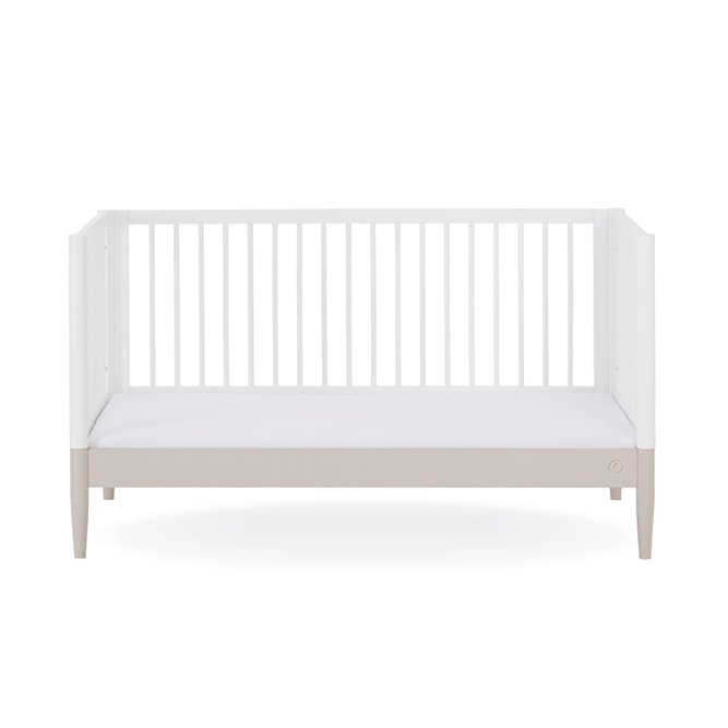 White Gaia Baby Eos Cot Bed with soft cashmere finish, featuring a sturdy frame and slatted sides for safety and style.
