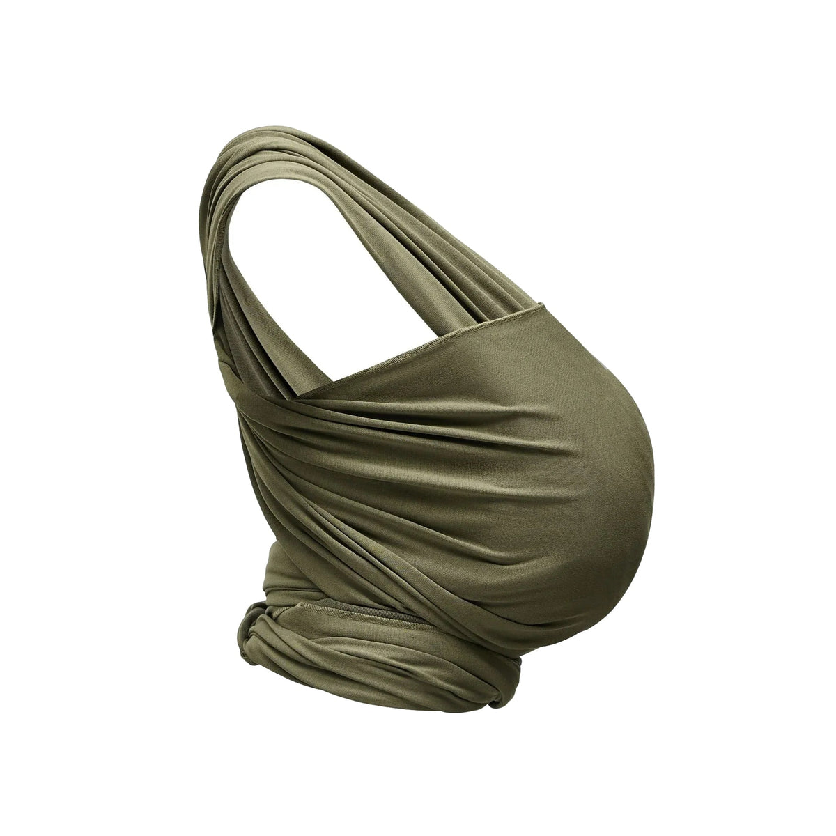 Gaia Baby stretchy baby wrap in forest green, made of soft, flexible fabric, shown from side with white background.