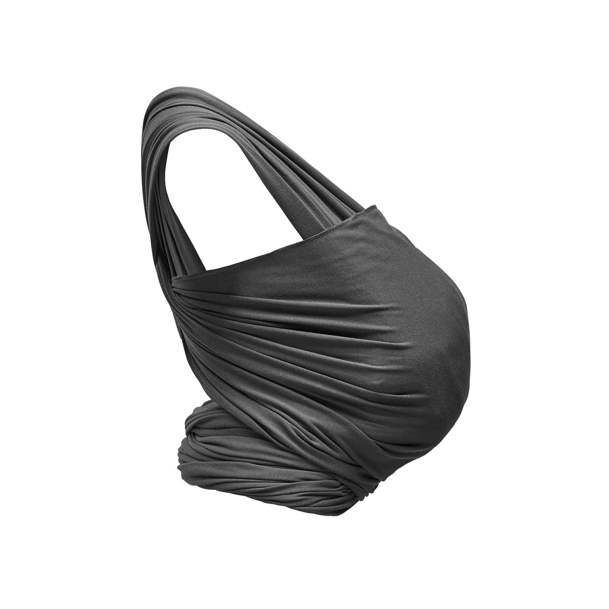 Gaia Baby stretchy baby wrap in graphite color draped on a white background, showing its soft, flexible fabric for comfortable carrying.