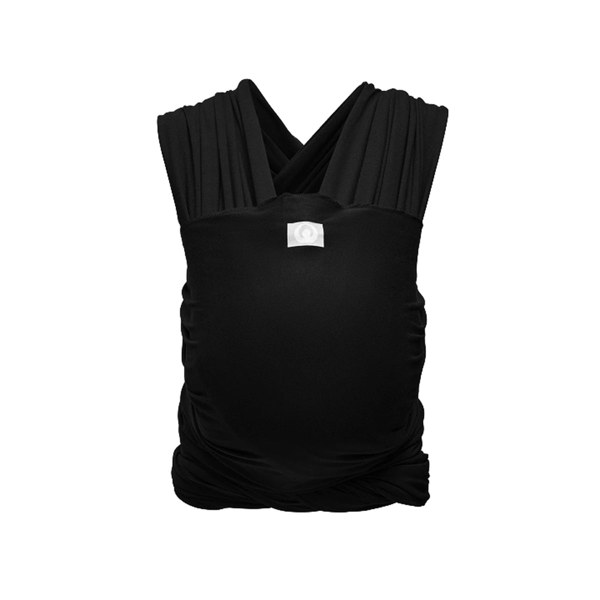 Gaia Baby stretchy baby wrap in ebony fabric, shown wrapped around a parent for comfortable, hands-free baby carrying.