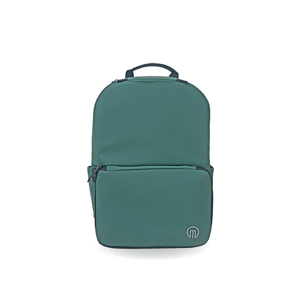 Forest green MiaMily expandable backpack showing multiple compartments and adjustable straps on a plain background.