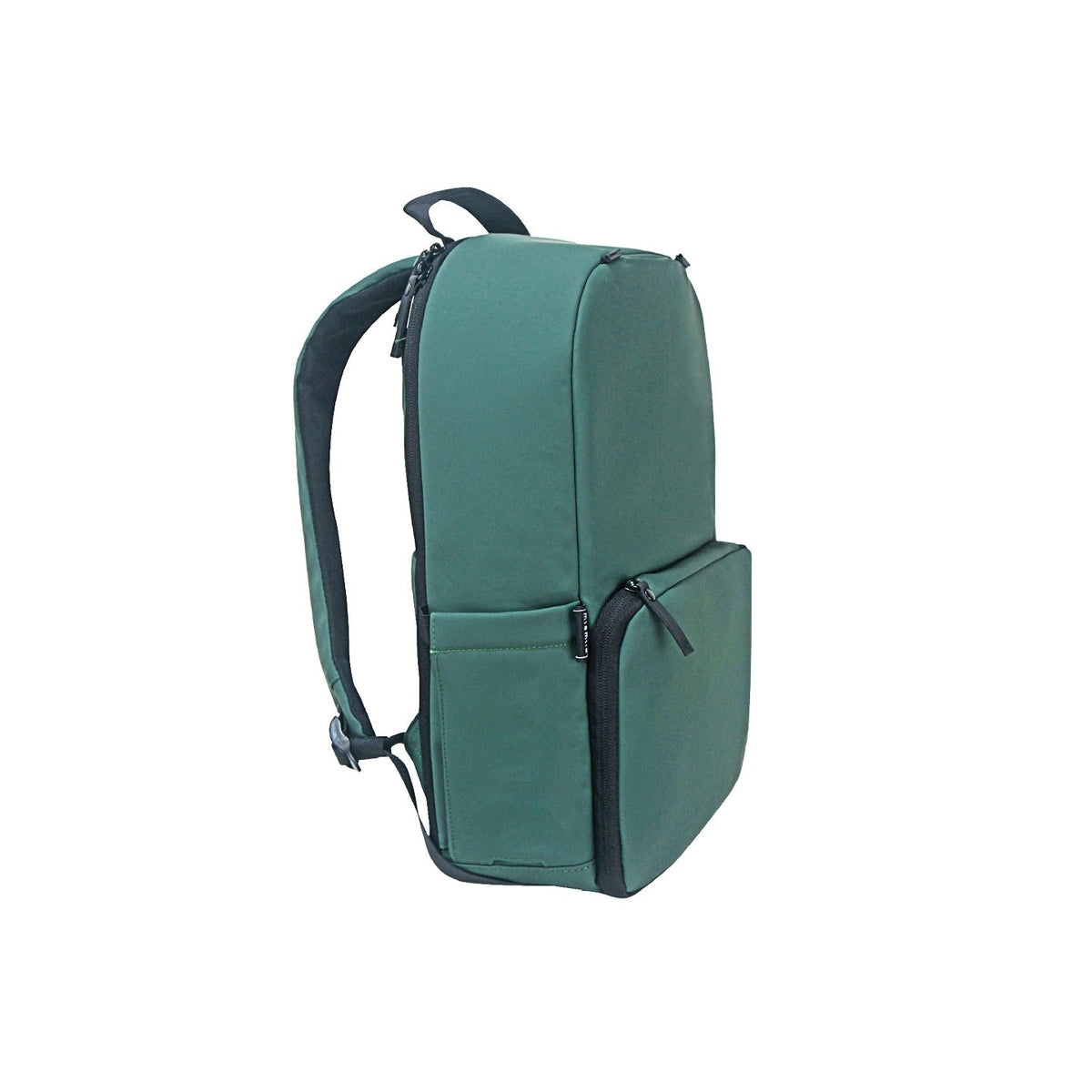 Forest green MiaMily expandable backpack with multiple compartments and adjustable straps, shown from the front with open main section.