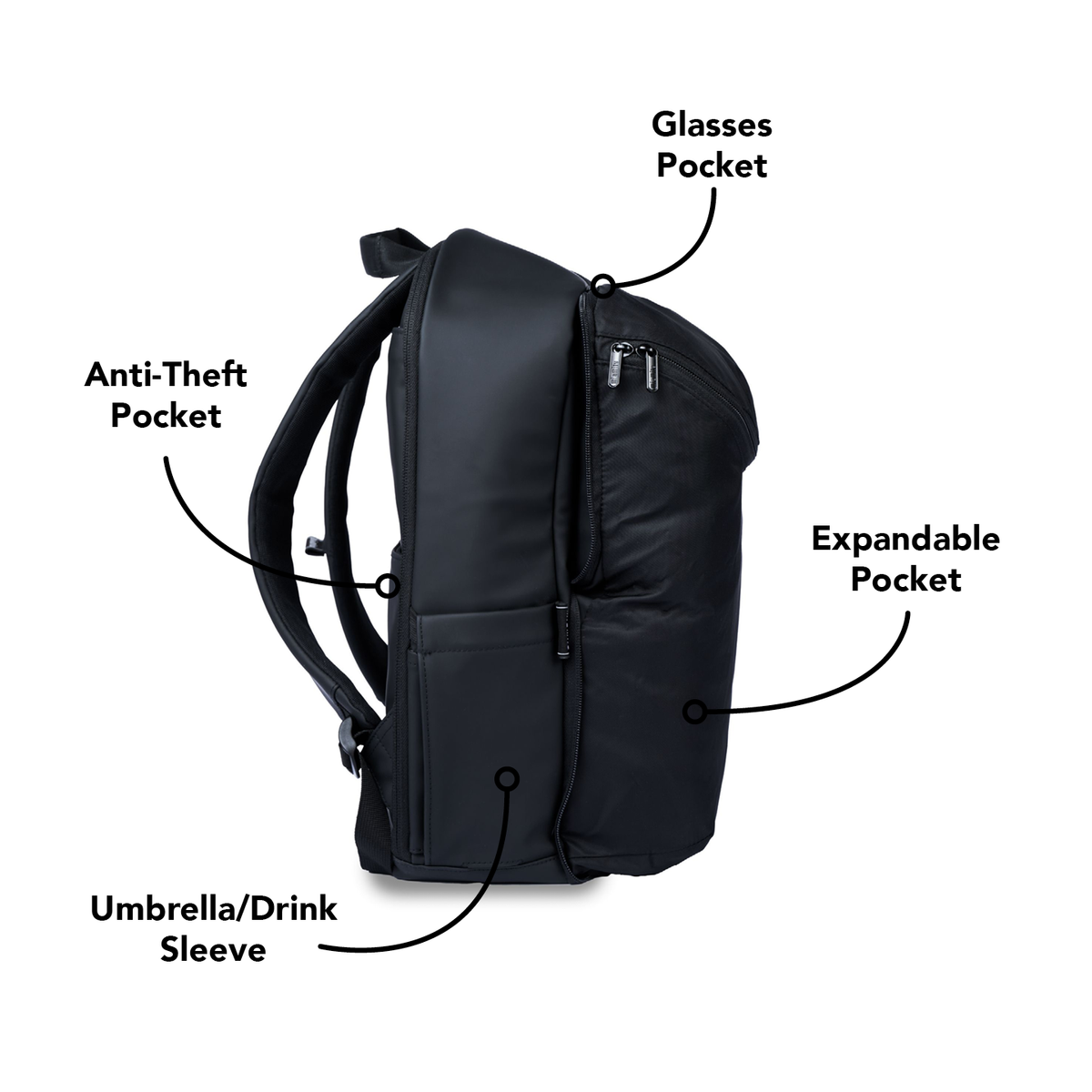 MiaMily expandable backpack in midnight black with multiple compartments and padded straps, suitable for travel and daily use.