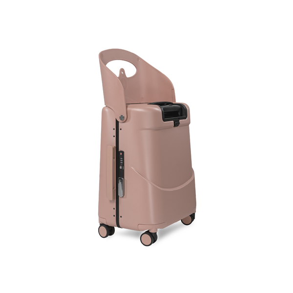 Pink MiaMily Carry On suitcase with hard shell exterior and four wheels, designed for easy travel and durability.