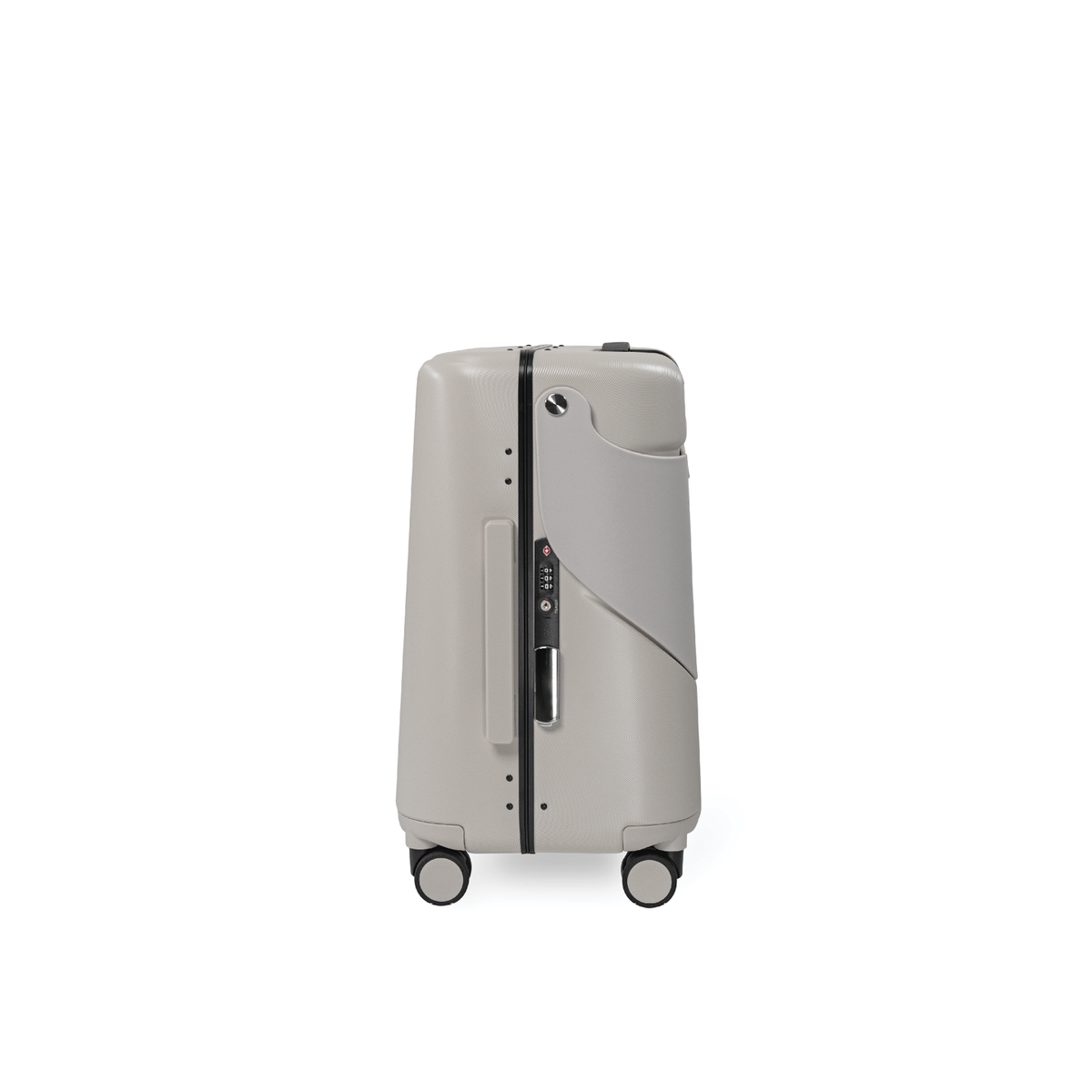 MiaMily Carry On suitcase in Mist Grey with sturdy handle and four spinner wheels for easy travel.