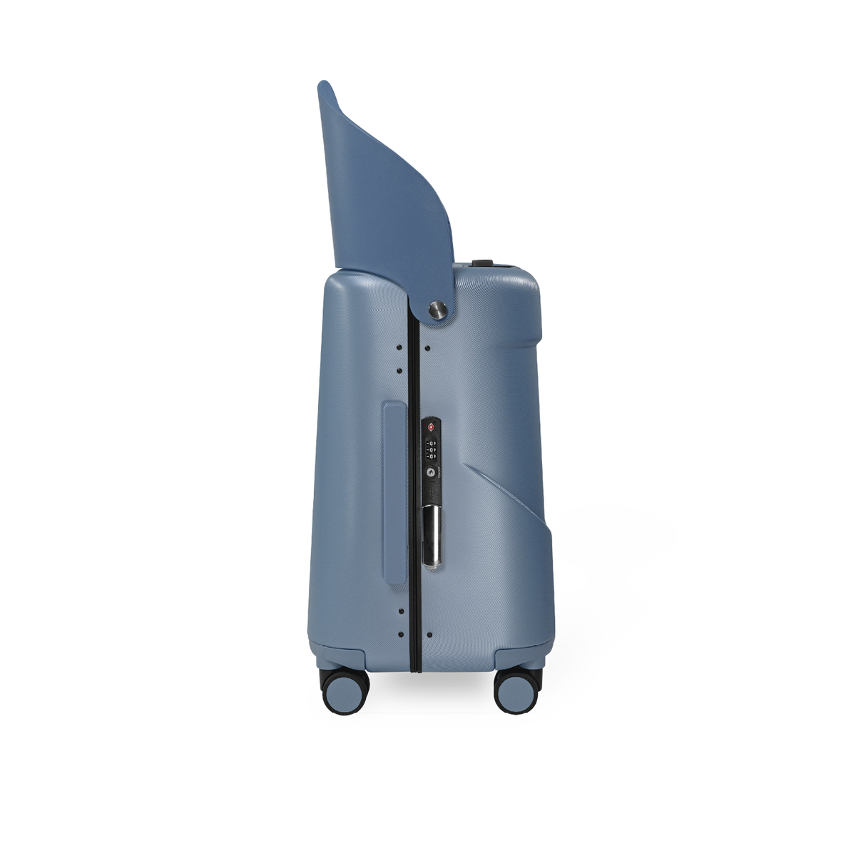 MiaMily Carry On suitcase in slate blue with durable handle and wheels, designed for easy travel and compact storage.