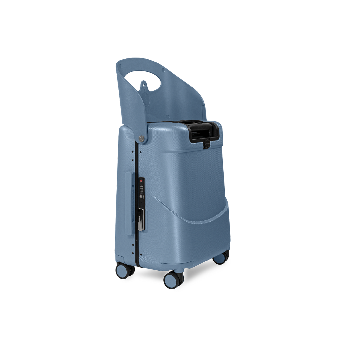 Slate blue MiaMily Carry On suitcase with hard shell exterior and four spinner wheels for easy travel.