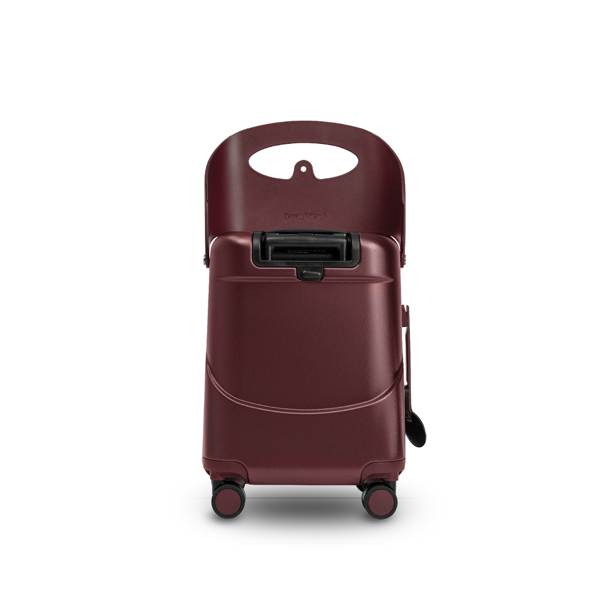 Burgundy red MiaMily Carry On Plus suitcase with hard shell exterior and telescopic handle, viewed from a side angle.