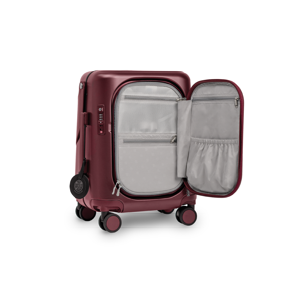 Red MiaMily Carry On Plus suitcase with hard shell design and four spinner wheels, ideal for travel and easy maneuverability.