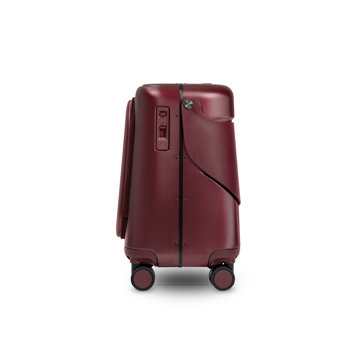 Burgundy red MiaMily Carry On Plus suitcase with four wheels and retractable handle, lightweight and durable travel luggage.