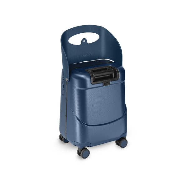 Navy blue MiaMily Carry On Plus suitcase with wheels and retractable handle, lightweight travel luggage for easy mobility.