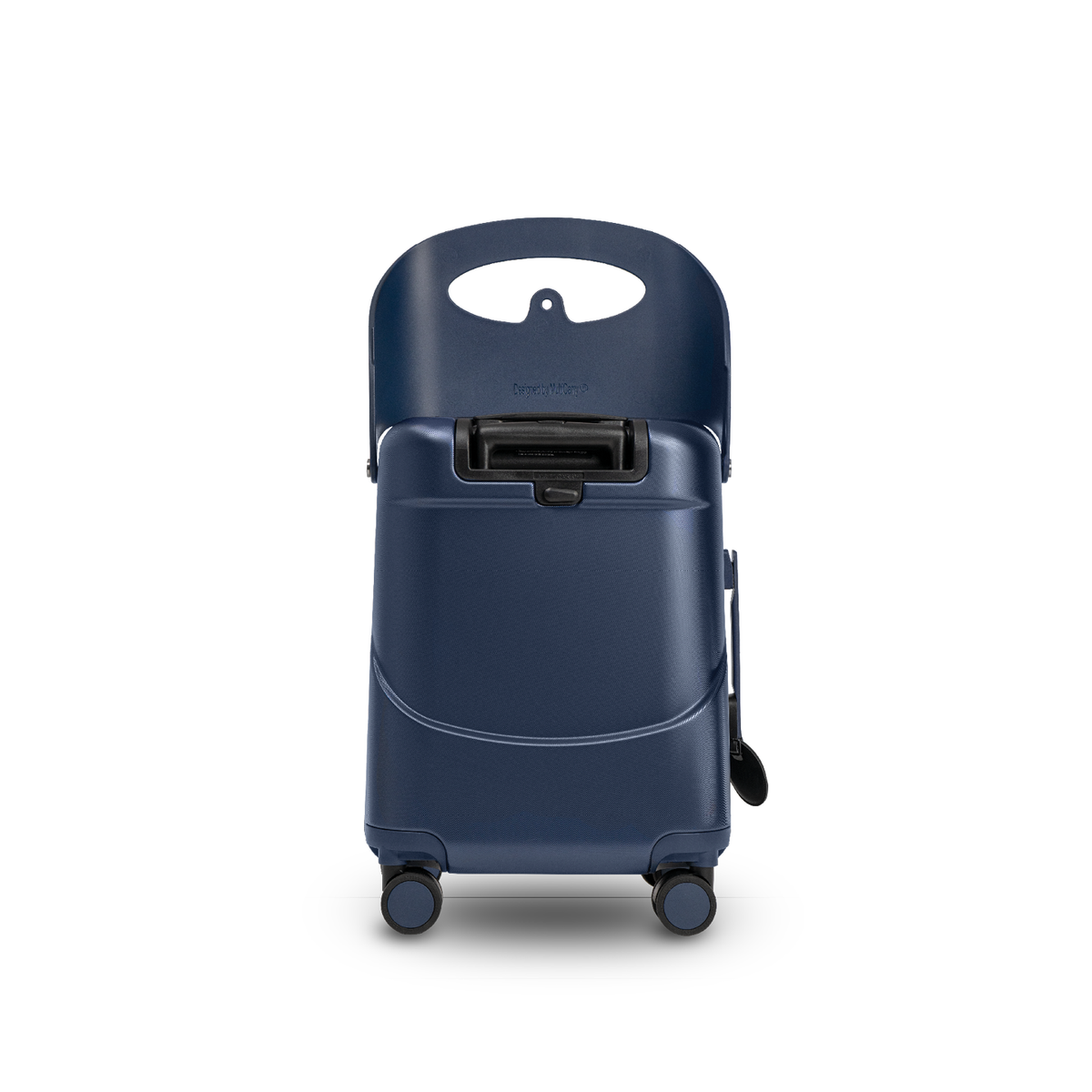 Navy blue MiaMily Carry On Plus suitcase with four wheels and telescoping handle, designed for convenient travel.