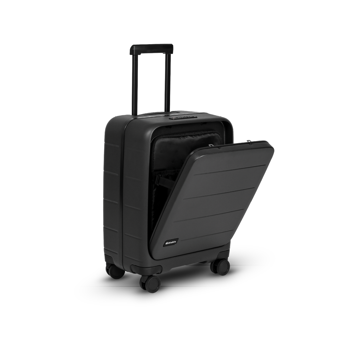 Black MiaMily Carry On Pro suitcase with sturdy wheels and handle, designed for travel convenience and durability.