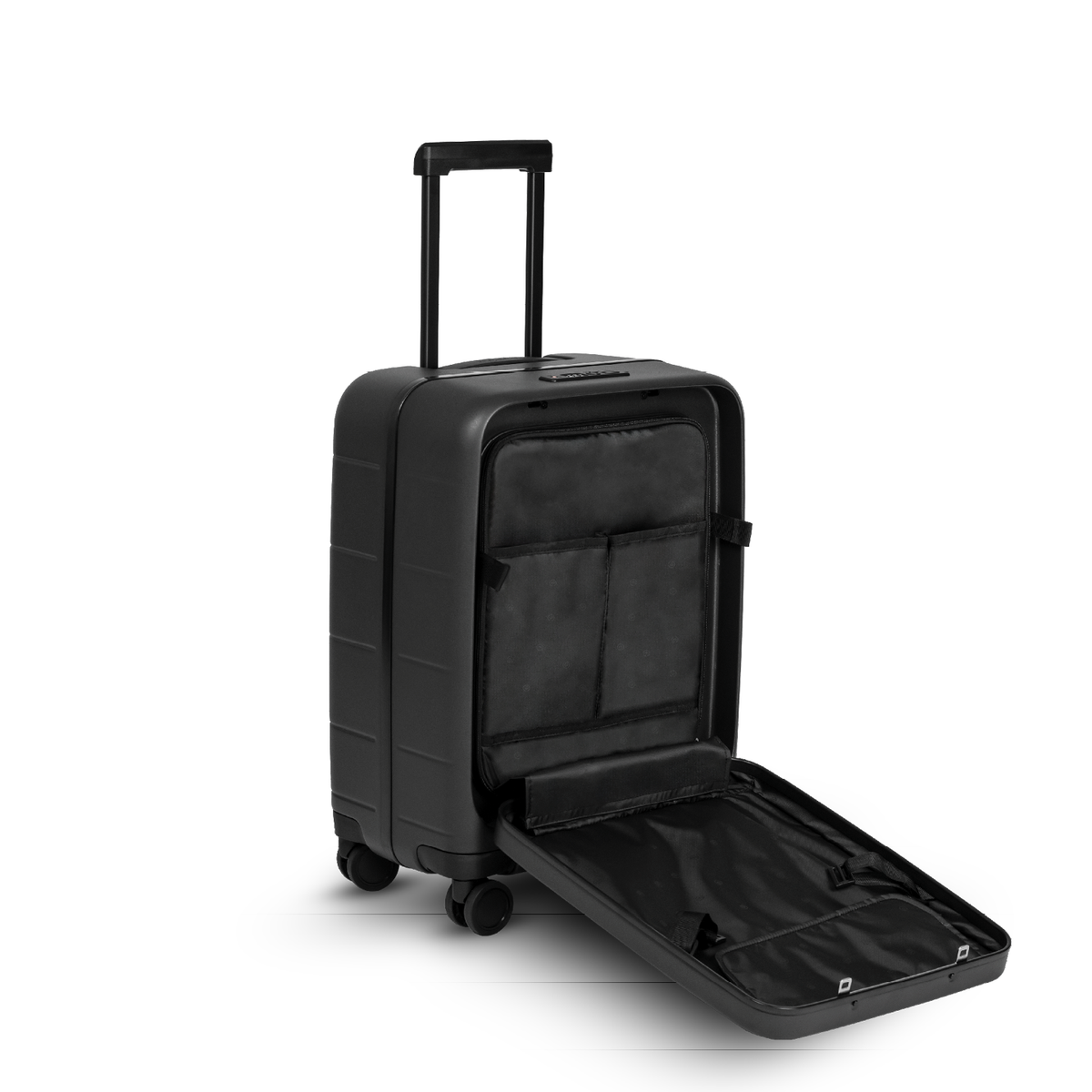 Black MiaMily Carry On Pro suitcase with sleek hard shell exterior and extendable handle, standing upright on a plain background.