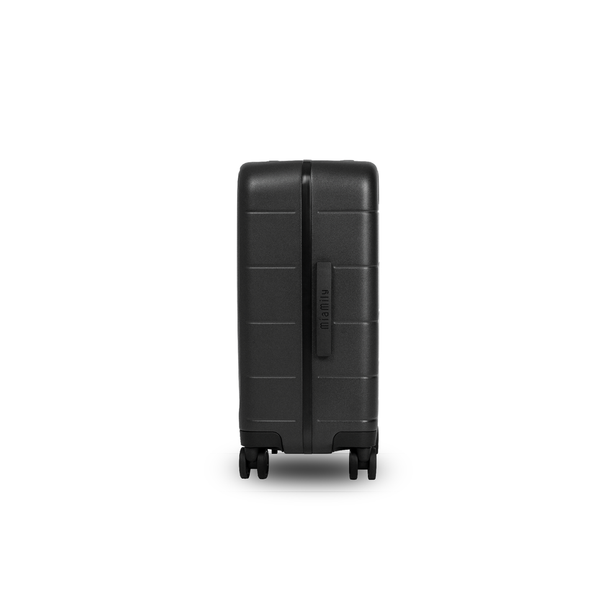 Black MiaMily Carry On Pro suitcase with four wheels and a telescoping handle, showing its sleek, compact design.