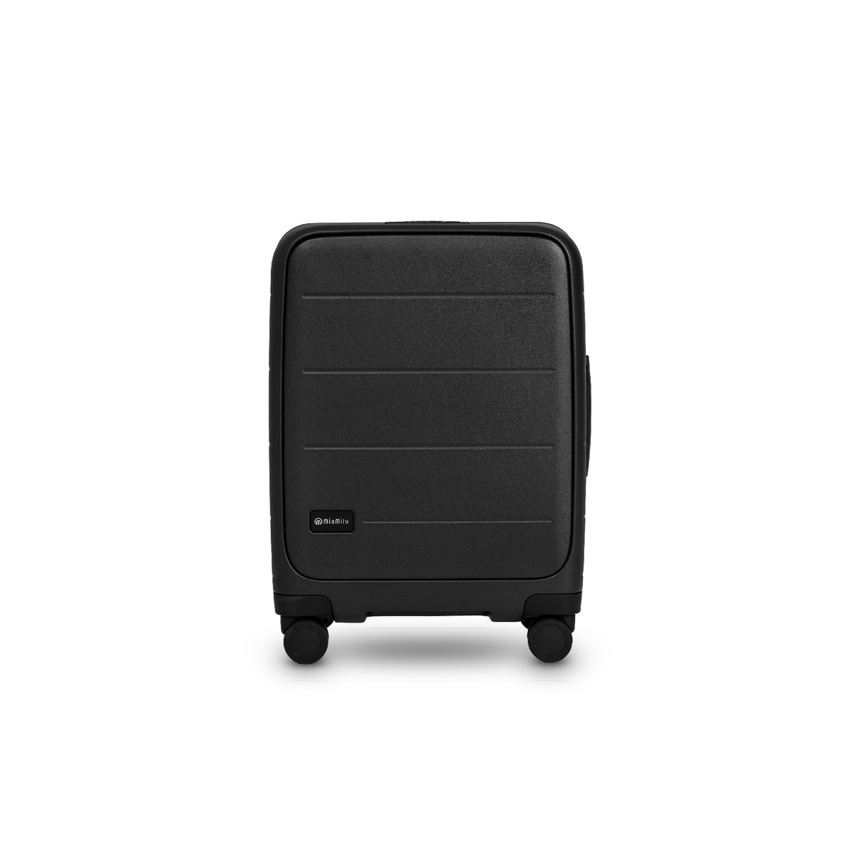 Black MiaMily Carry On Pro suitcase with sleek hard shell design and sturdy wheels for easy travel.