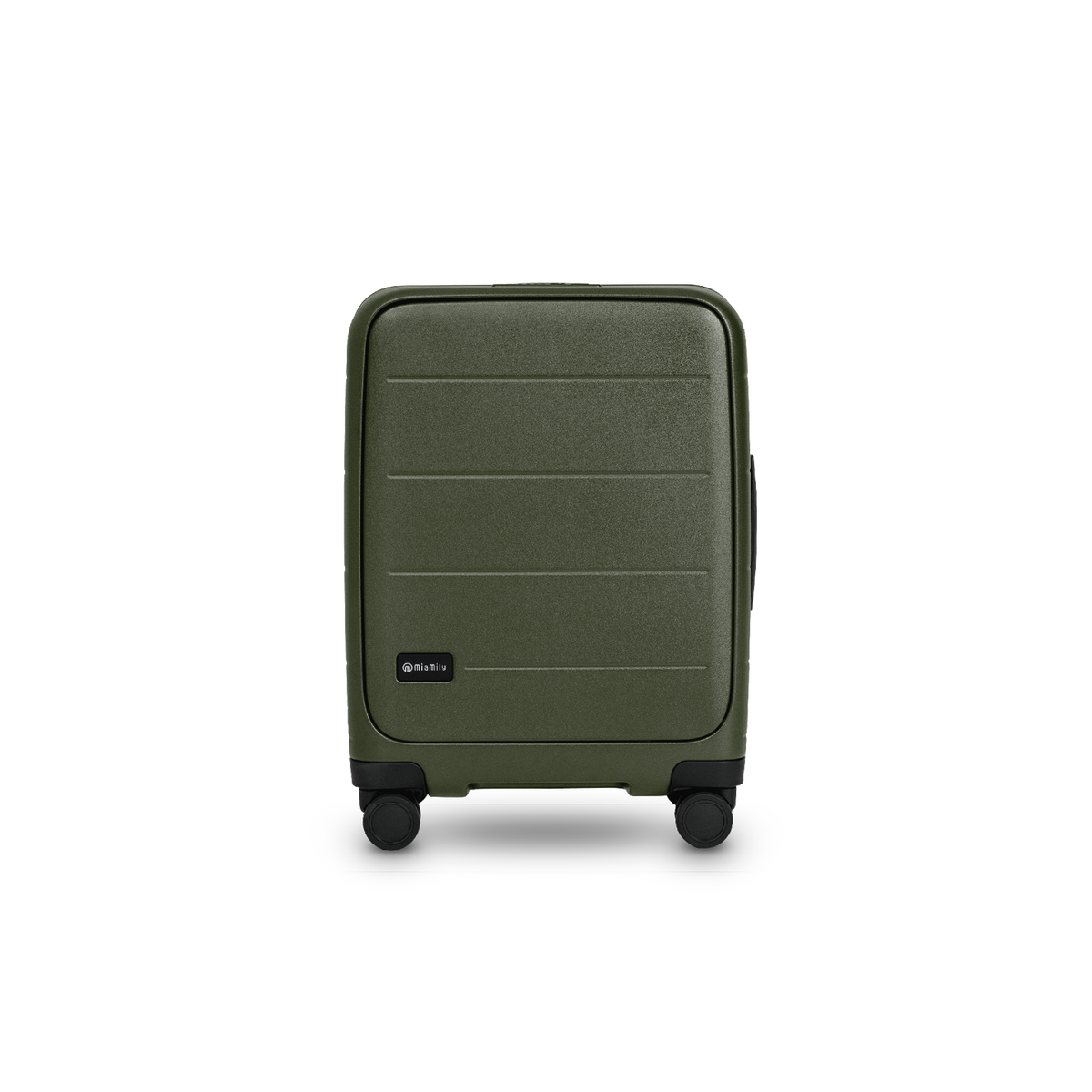Olive green MiaMily Carry On Pro suitcase with four wheels and handle, featuring a spacious design for travel.